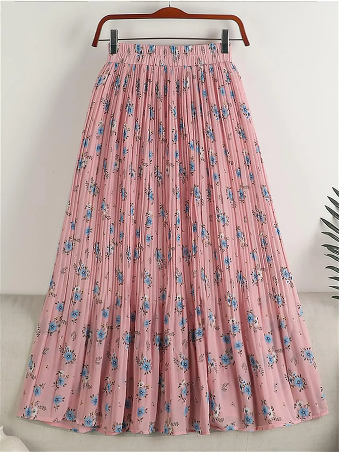 Chiffon Pleated Midi Long Skirt Women Spring Summer Vintage Floral Print High Waist Skirt