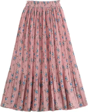 Chiffon Pleated Midi Long Skirt Women Spring Summer Vintage Floral Print High Waist Skirt