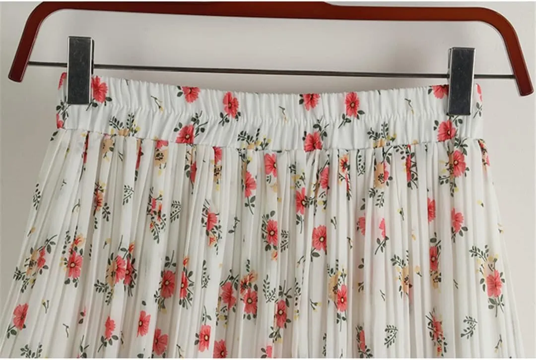 Chiffon Pleated Midi Long Skirt Women Spring Summer Vintage Floral Print High Waist Skirt