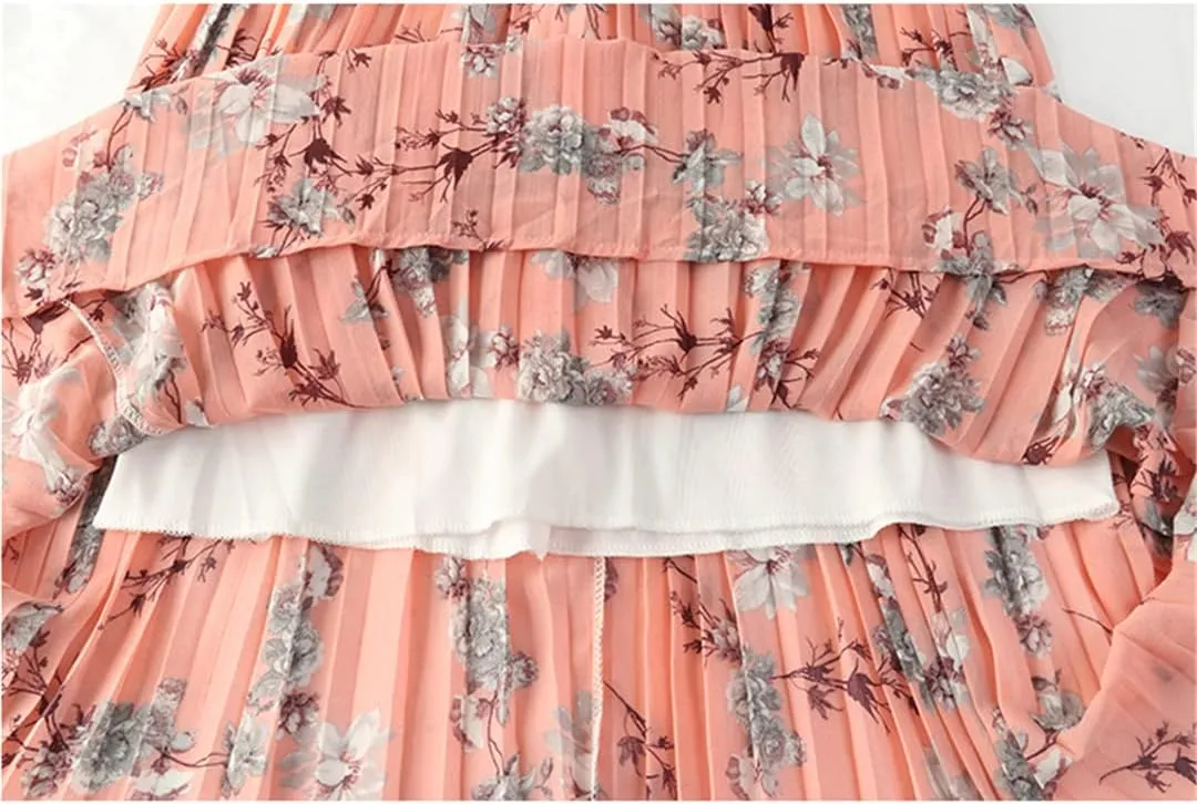 Chiffon Pleated Skirt for Women Spring Summer Vintage Floral Print Beach High Waist Midi Skirt
