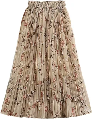 Chiffon Pleated Skirt for Women Spring Summer Vintage Floral Print Beach High Waist Midi Skirt