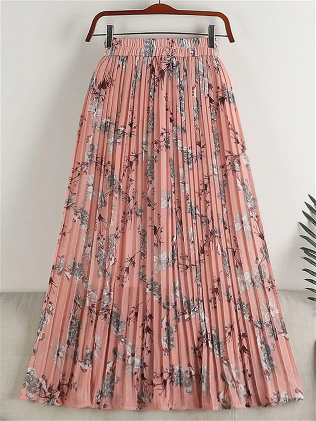 Chiffon Pleated Skirt for Women Spring Summer Vintage Floral Print Beach High Waist Midi Skirt