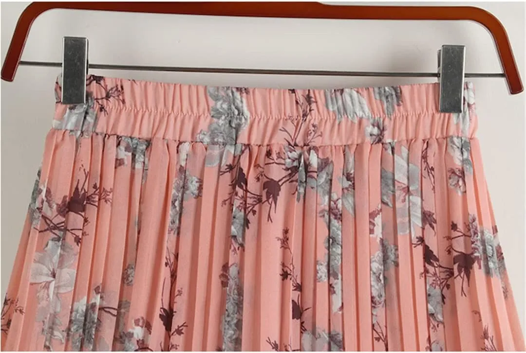 Chiffon Pleated Skirt for Women Spring Summer Vintage Floral Print Beach High Waist Midi Skirt