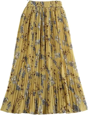 Chiffon Pleated Skirt for Women Spring Summer Vintage Floral Print Beach High Waist Midi Skirt