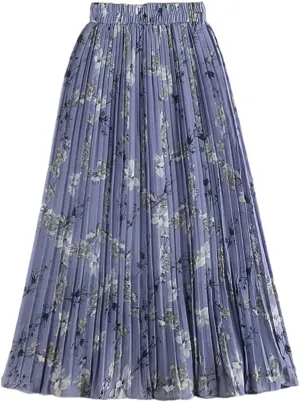 Chiffon Pleated Skirt for Women Spring Summer Vintage Floral Print Beach High Waist Midi Skirt