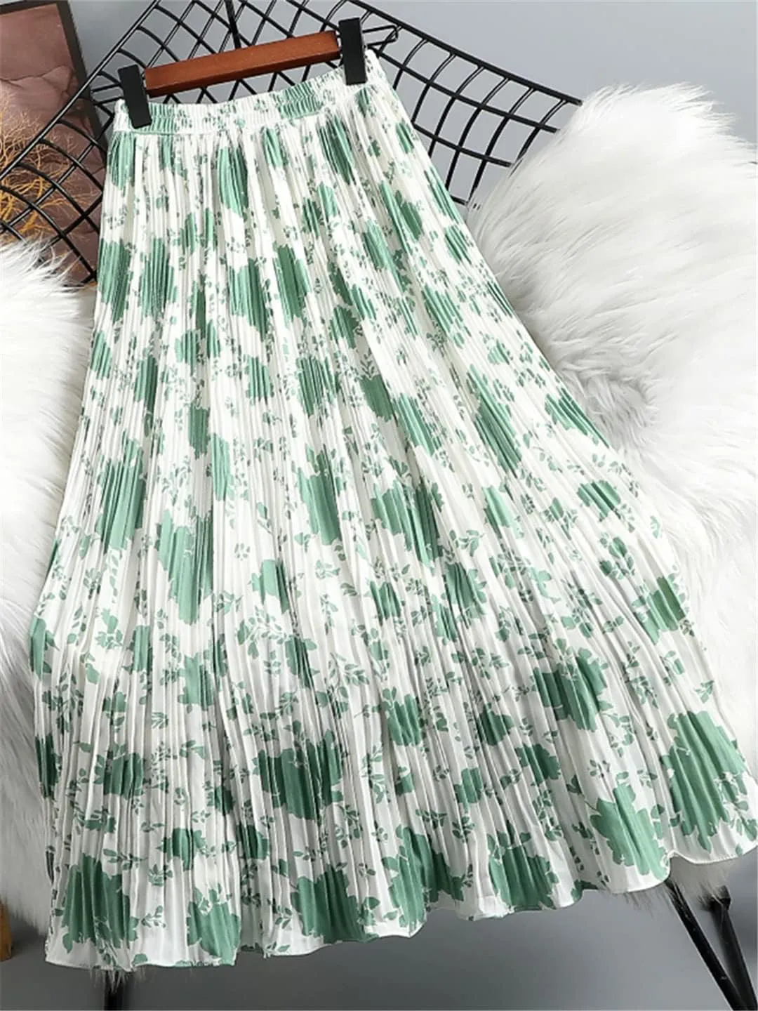 Chiffon Pleated Skirt Women Spring Summer Floral Print A Line High Waist Midi Long Skirt