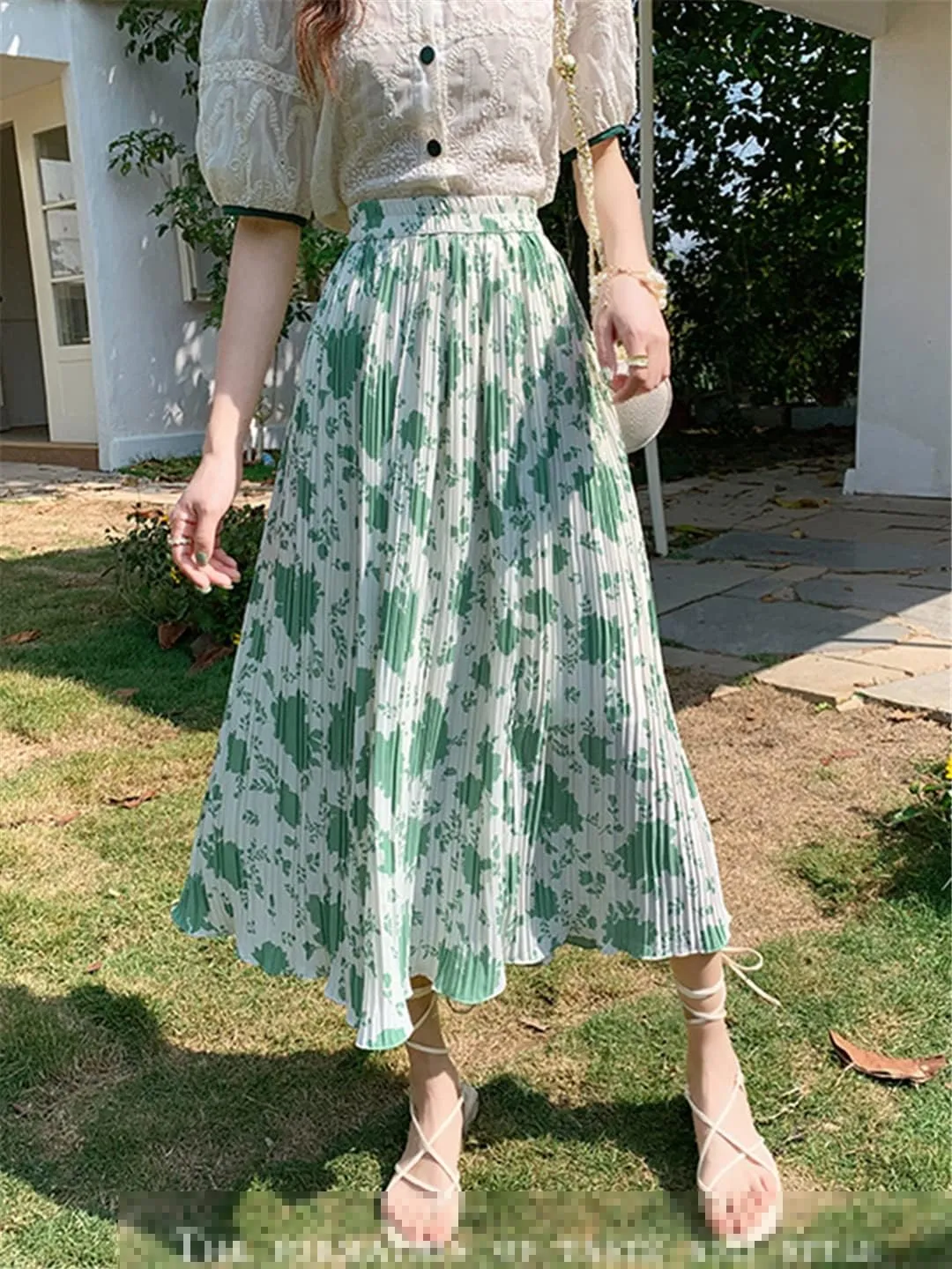 Chiffon Pleated Skirt Women Spring Summer Floral Print A Line High Waist Midi Long Skirt