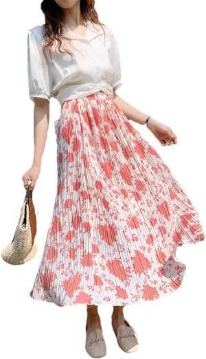 Chiffon Pleated Skirt Women Spring Summer Floral Print A Line High Waist Midi Long Skirt