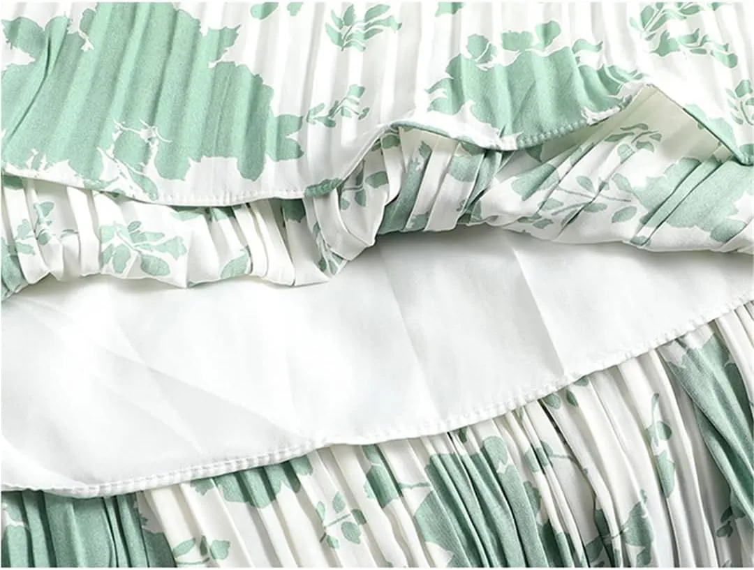 Chiffon Pleated Skirt Women Spring Summer Floral Print A Line High Waist Midi Long Skirt