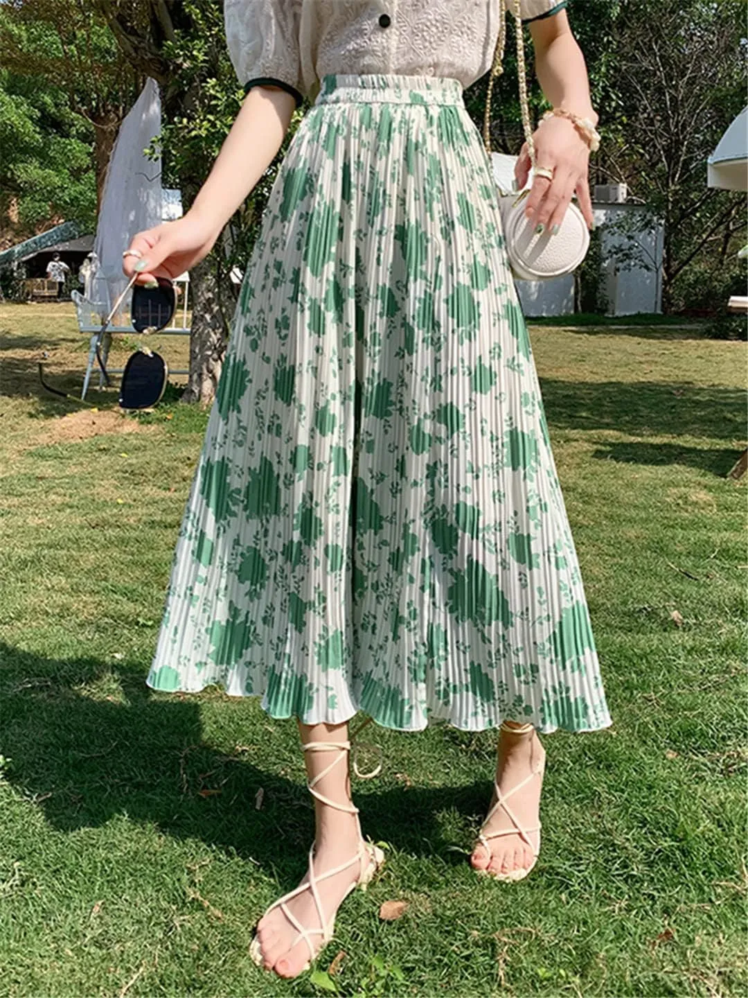 Chiffon Pleated Skirt Women Spring Summer Floral Print A Line High Waist Midi Long Skirt