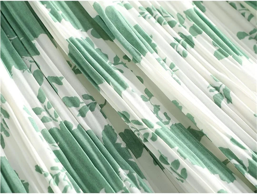 Chiffon Pleated Skirt Women Spring Summer Floral Print A Line High Waist Midi Long Skirt
