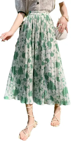 Chiffon Pleated Skirt Women Spring Summer Floral Print A Line High Waist Midi Long Skirt