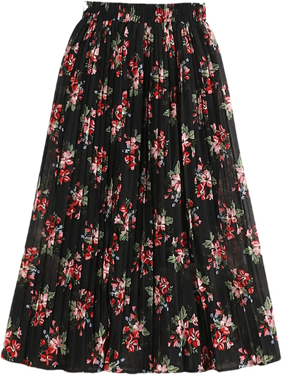 Chiffon Skirt Women Summer Vintage Floral Print A Line High Waist Pleated Midi Long Skirt