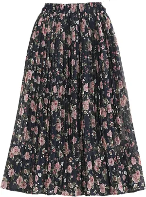 Chiffon Skirt Women Summer Vintage Floral Print A Line High Waist Pleated Midi Long Skirt