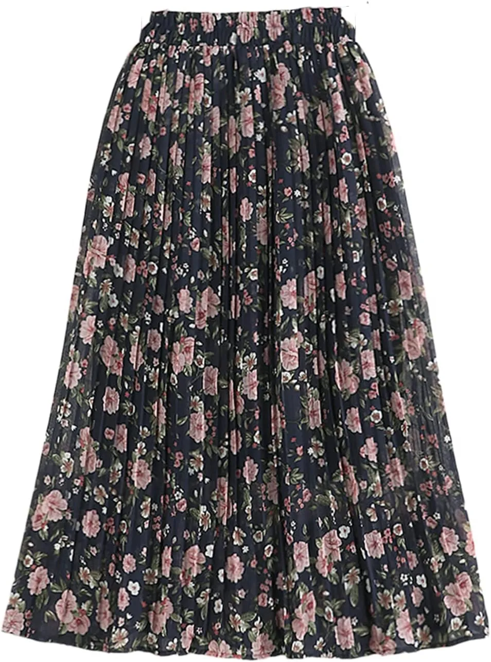Chiffon Skirt Women Summer Vintage Floral Print A Line High Waist Pleated Midi Long Skirt