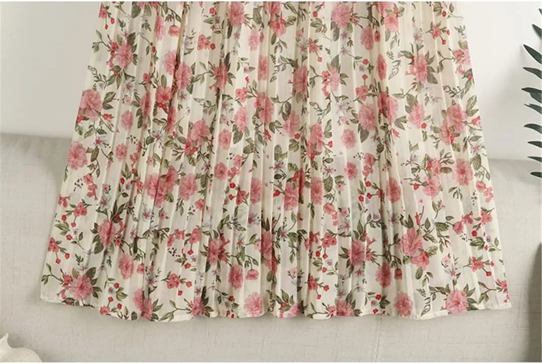 Chiffon Skirt Women Summer Vintage Floral Print A Line High Waist Pleated Midi Long Skirt