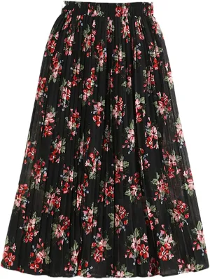 Chiffon Skirt Women Summer Vintage Floral Print A Line High Waist Pleated Midi Long Skirt