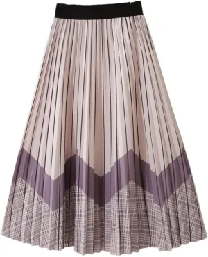 Contrast Color Print Skirt Women Vintage Plaid A Line High Waist Pleated Midi Long Skirt
