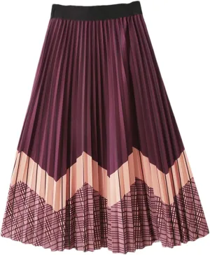 Contrast Color Print Skirt Women Vintage Plaid A Line High Waist Pleated Midi Long Skirt