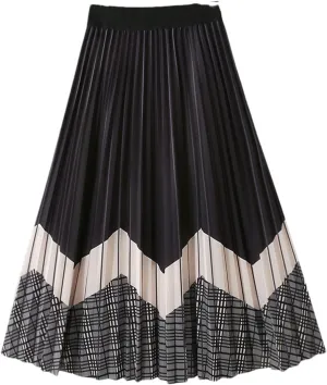 Contrast Color Print Skirt Women Vintage Plaid A Line High Waist Pleated Midi Long Skirt
