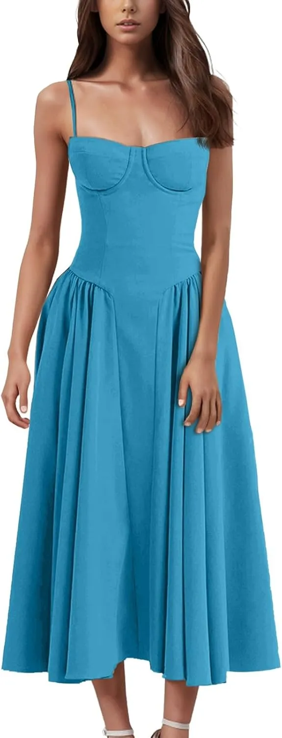 Corset Dress for Women Spaghetti Strap Bustier Pleated Hem Low Cut Midi Party Dresses 2025 Prom Dress with Pockets
