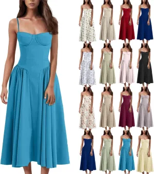 Corset Dress for Women Spaghetti Strap Bustier Pleated Hem Low Cut Midi Party Dresses 2025 Prom Dress with Pockets