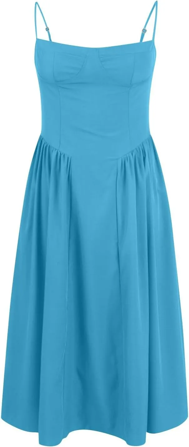 Corset Dress for Women Spaghetti Strap Bustier Pleated Hem Low Cut Midi Party Dresses 2025 Prom Dress with Pockets