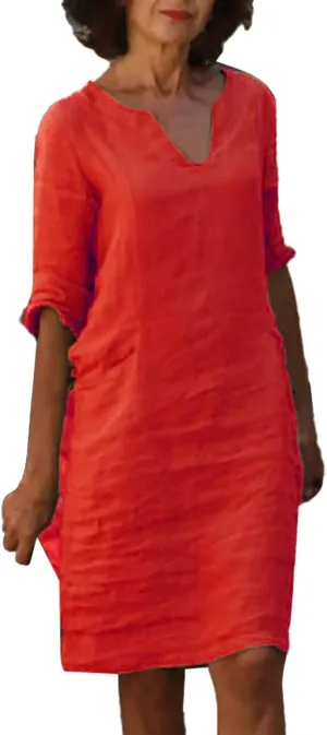 Cotton Linen Dresses for Women,2025 Summer V Neck Trendy Elegant Plain Beach Dress,Casual 3/4 Sleeve Midi Dress