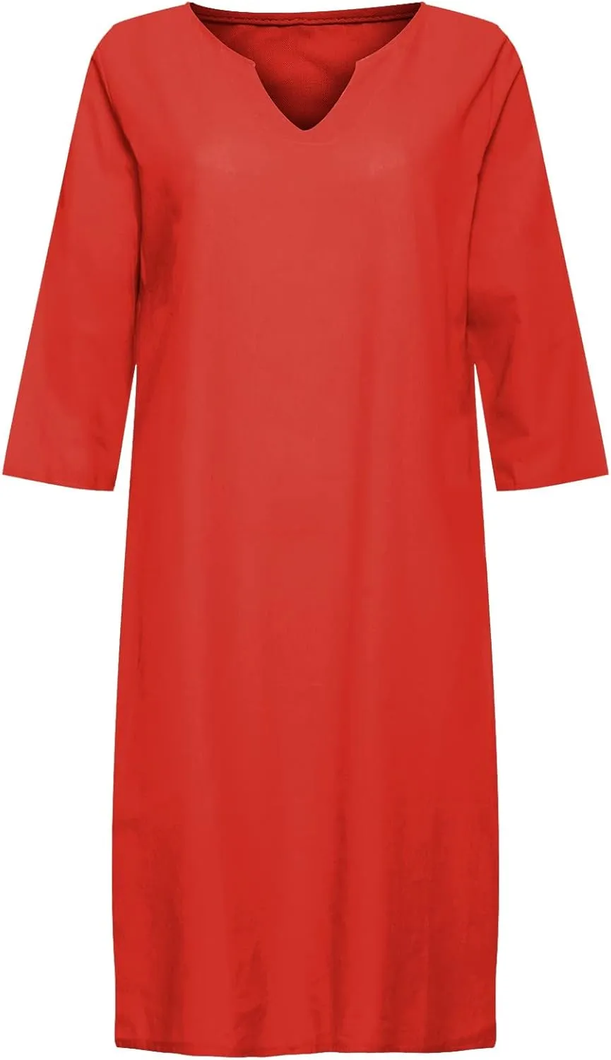 Cotton Linen Dresses for Women,2025 Summer V Neck Trendy Elegant Plain Beach Dress,Casual 3/4 Sleeve Midi Dress