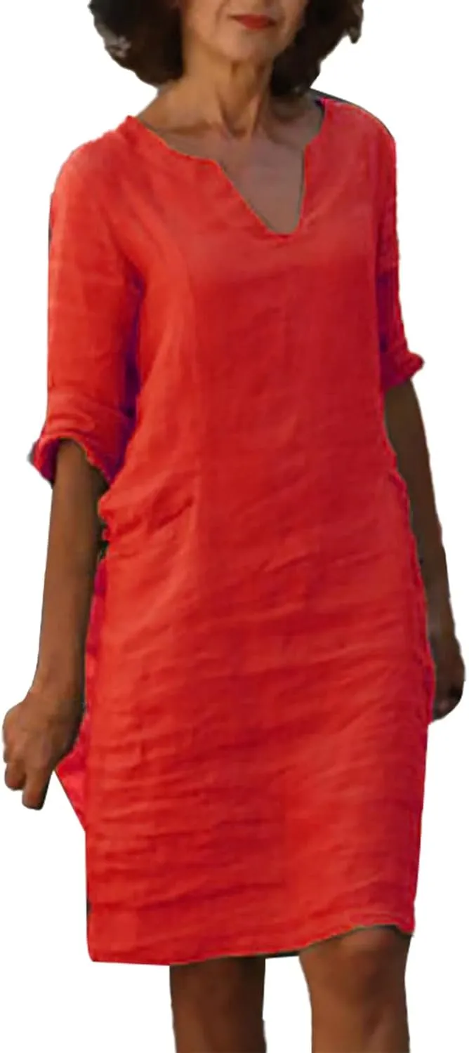 Cotton Linen Dresses for Women,2025 Summer V Neck Trendy Elegant Plain Beach Dress,Casual 3/4 Sleeve Midi Dress