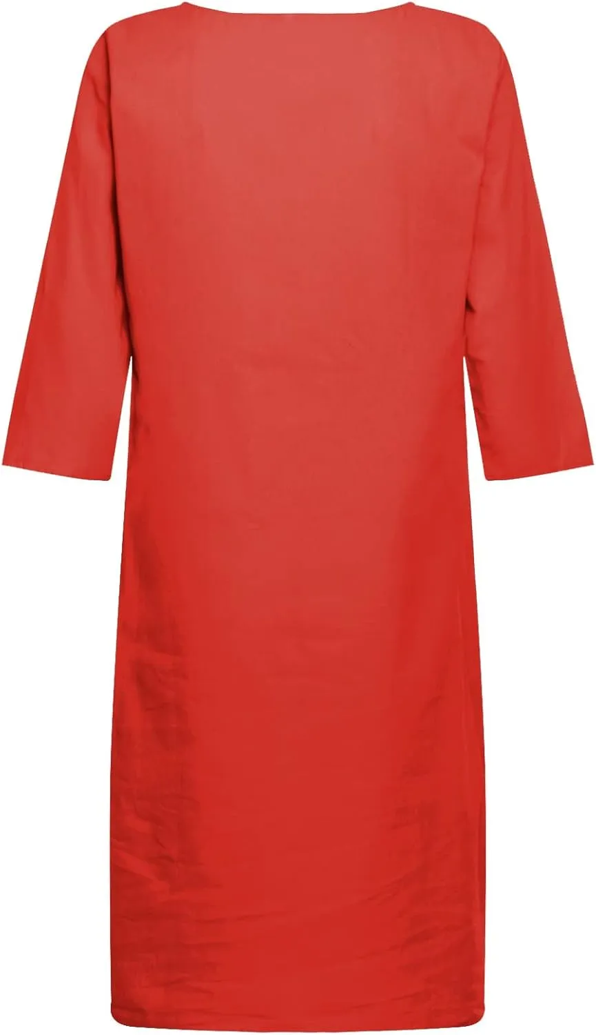 Cotton Linen Dresses for Women,2025 Summer V Neck Trendy Elegant Plain Beach Dress,Casual 3/4 Sleeve Midi Dress