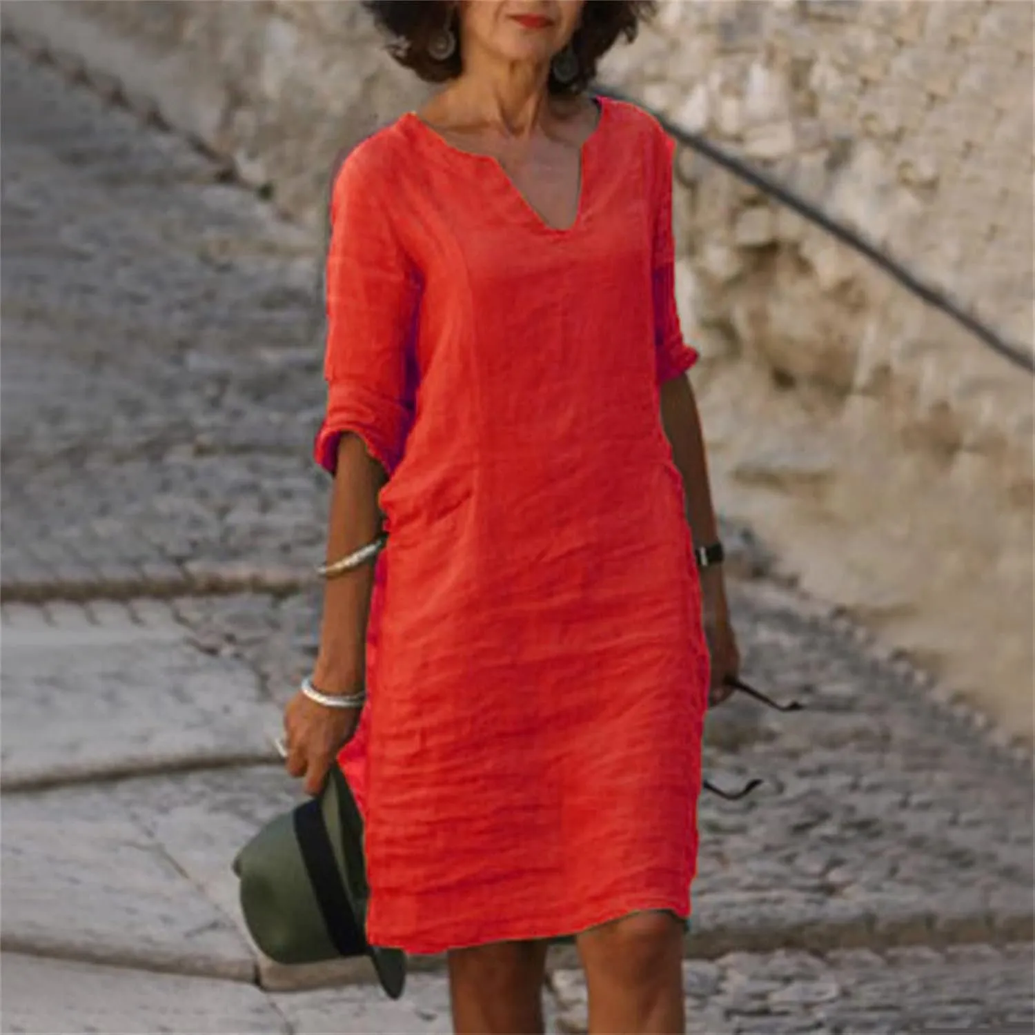 Cotton Linen Dresses for Women,2025 Summer V Neck Trendy Elegant Plain Beach Dress,Casual 3/4 Sleeve Midi Dress