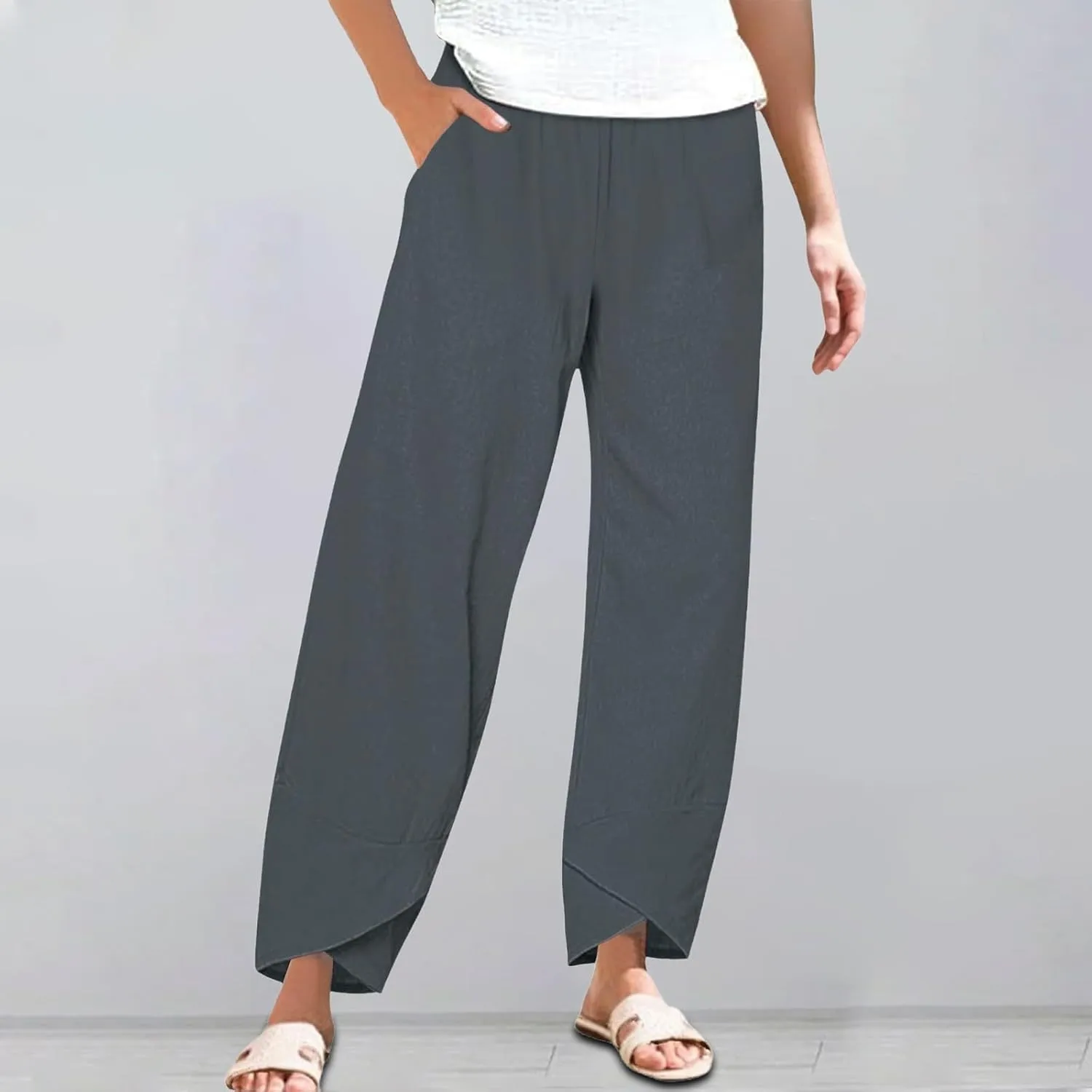Cotton Linen Pants for Women Plus Size Cropped Wide Leg Summer Casual Loose Fit Trousers Beach Lounge Work