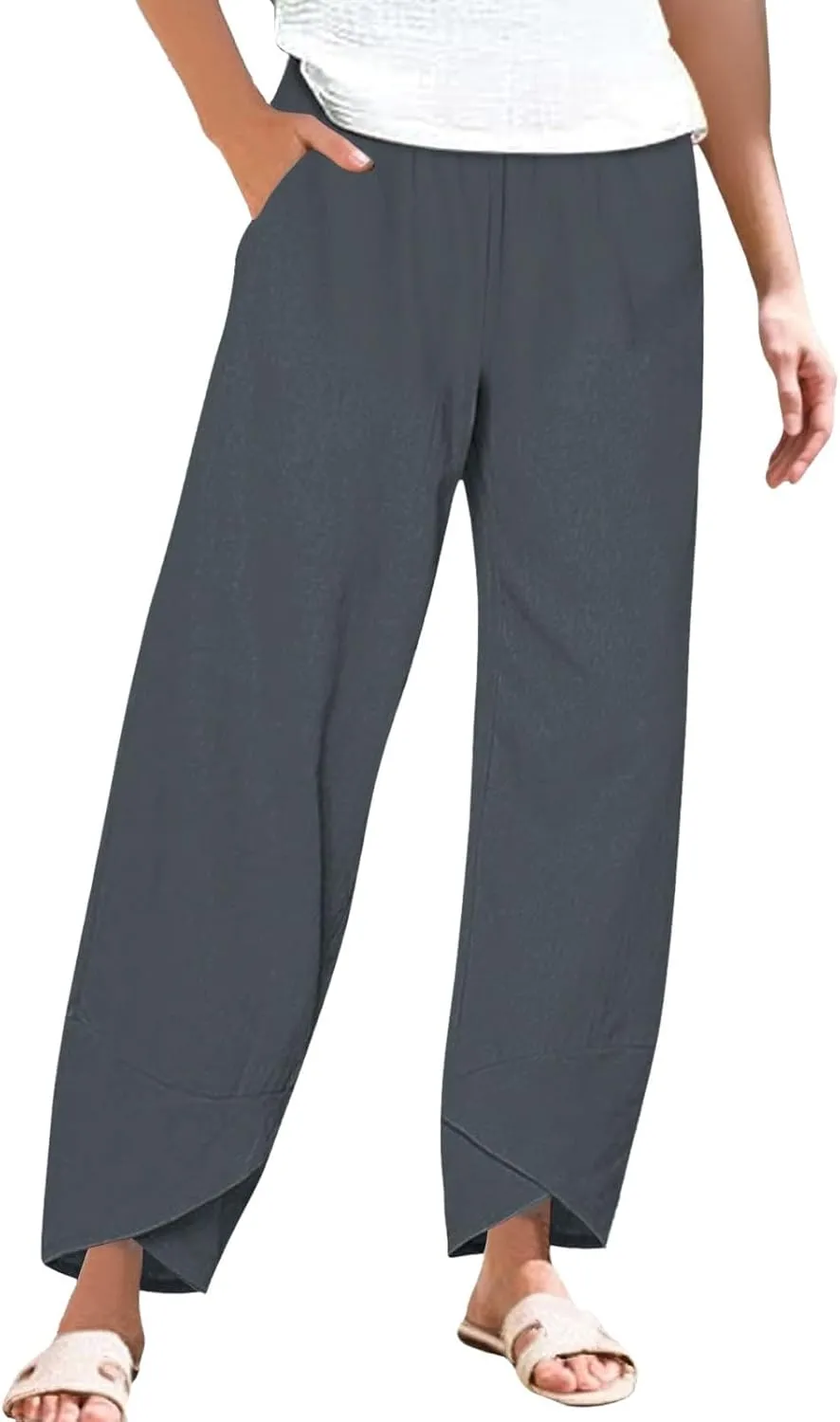 Cotton Linen Pants for Women Plus Size Cropped Wide Leg Summer Casual Loose Fit Trousers Beach Lounge Work