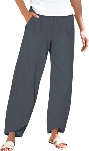 Cotton Linen Pants for Women Plus Size Cropped Wide Leg Summer Casual Loose Fit Trousers Beach Lounge Work