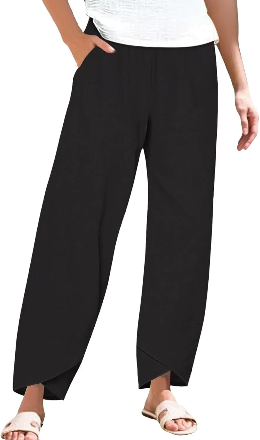 Cotton Linen Pants for Women Plus Size Cropped Wide Leg Summer Casual Loose Fit Trousers Beach Lounge Work