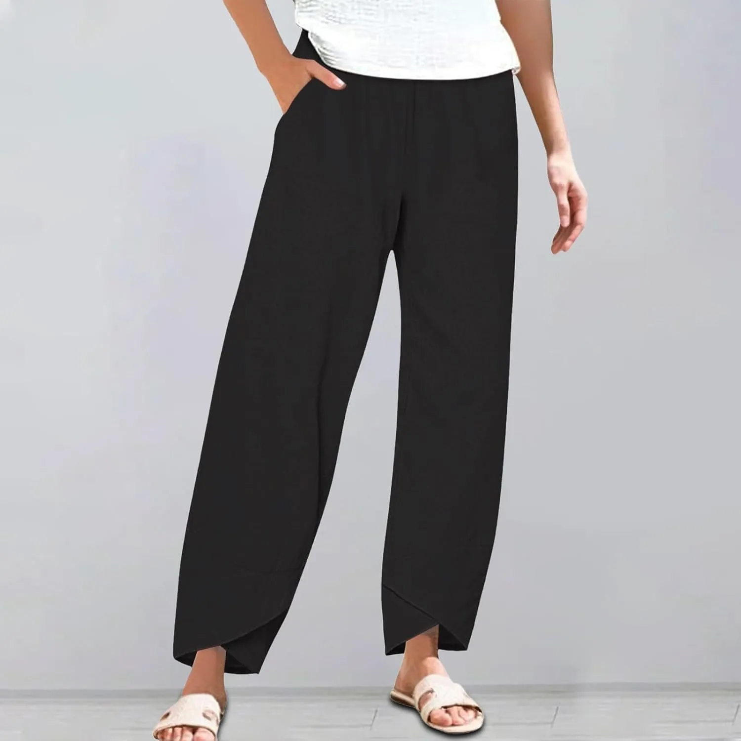 Cotton Linen Pants for Women Plus Size Cropped Wide Leg Summer Casual Loose Fit Trousers Beach Lounge Work