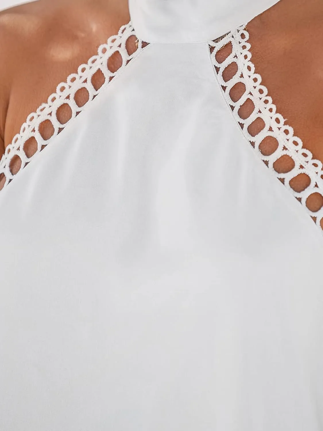 CUPSHE Women Lace Trim Summer Dress Halter High Neck with Tie Backless A Line Lining Casual Sundress Holiday Mini Dress
