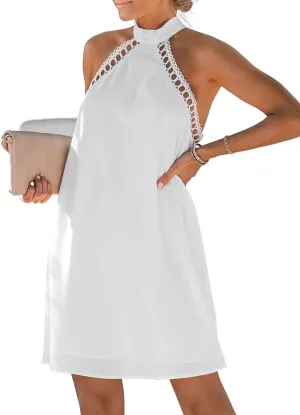CUPSHE Women Lace Trim Summer Dress Halter High Neck with Tie Backless A Line Lining Casual Sundress Holiday Mini Dress