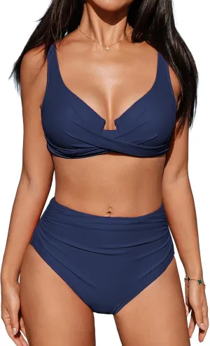 CUPSHE Women's Bikini Sets High Waisted Swimsuit Underwire Adjustable Straps Twisted Hook Full Coverage Bottom