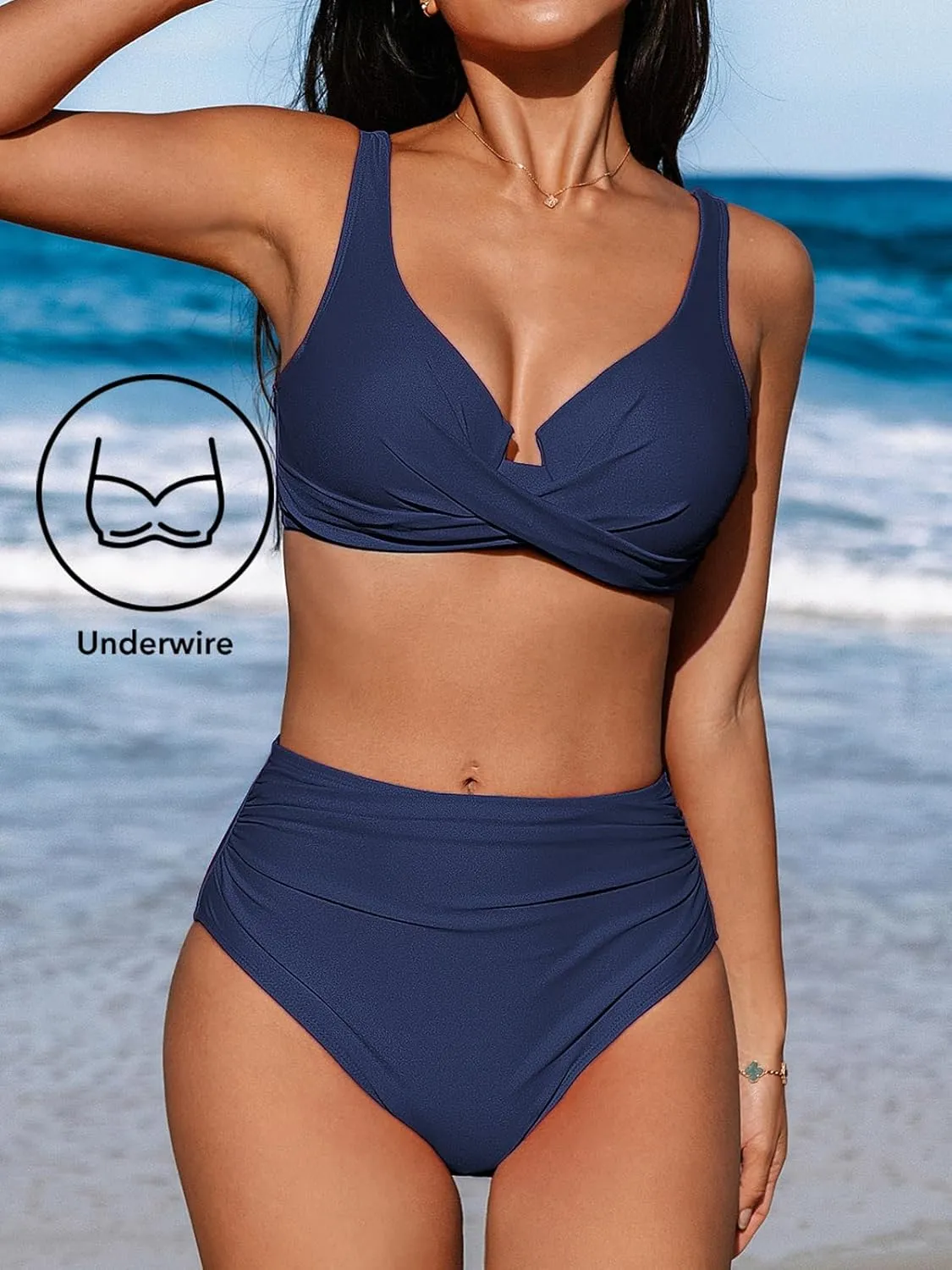 CUPSHE Women's Bikini Sets High Waisted Swimsuit Underwire Adjustable Straps Twisted Hook Full Coverage Bottom