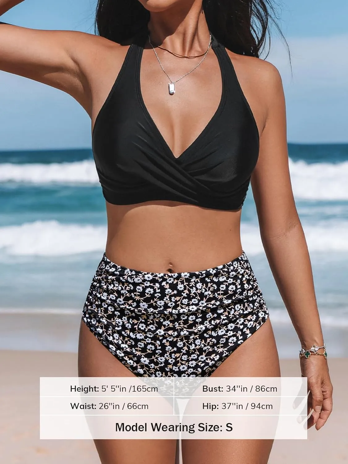 CUPSHE Women's Bikini Sets Two Piece Bathing Suit High Waisted V Neck Halter Front Twist Back Hook Textured