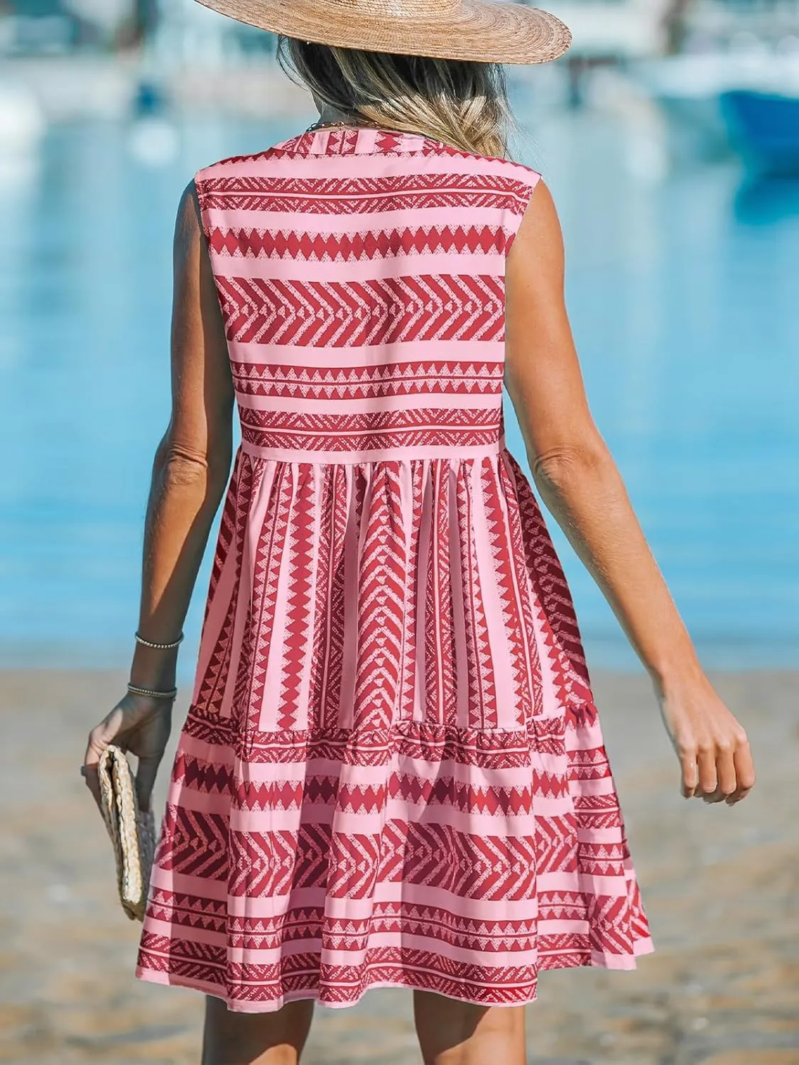 CUPSHE Women's Ruffle Beach Mini Dress Split V Neck A Line Sleeveless Geometric Stripe Tropical Leaf Pattern Summer Dresses