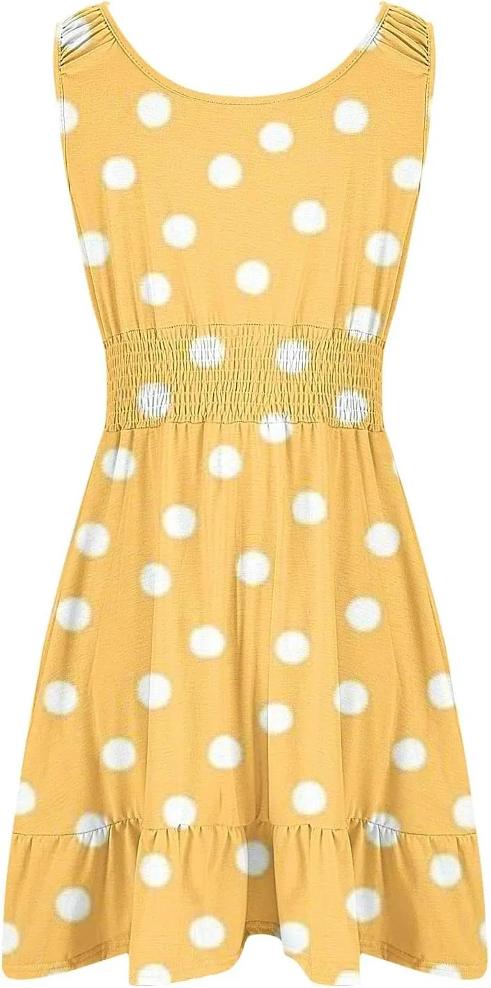 Cute Summer Dresses for Women Pleated Flowy Empire Waist Sundress Sleeveless Round Neck Hot Shot Mini Dress