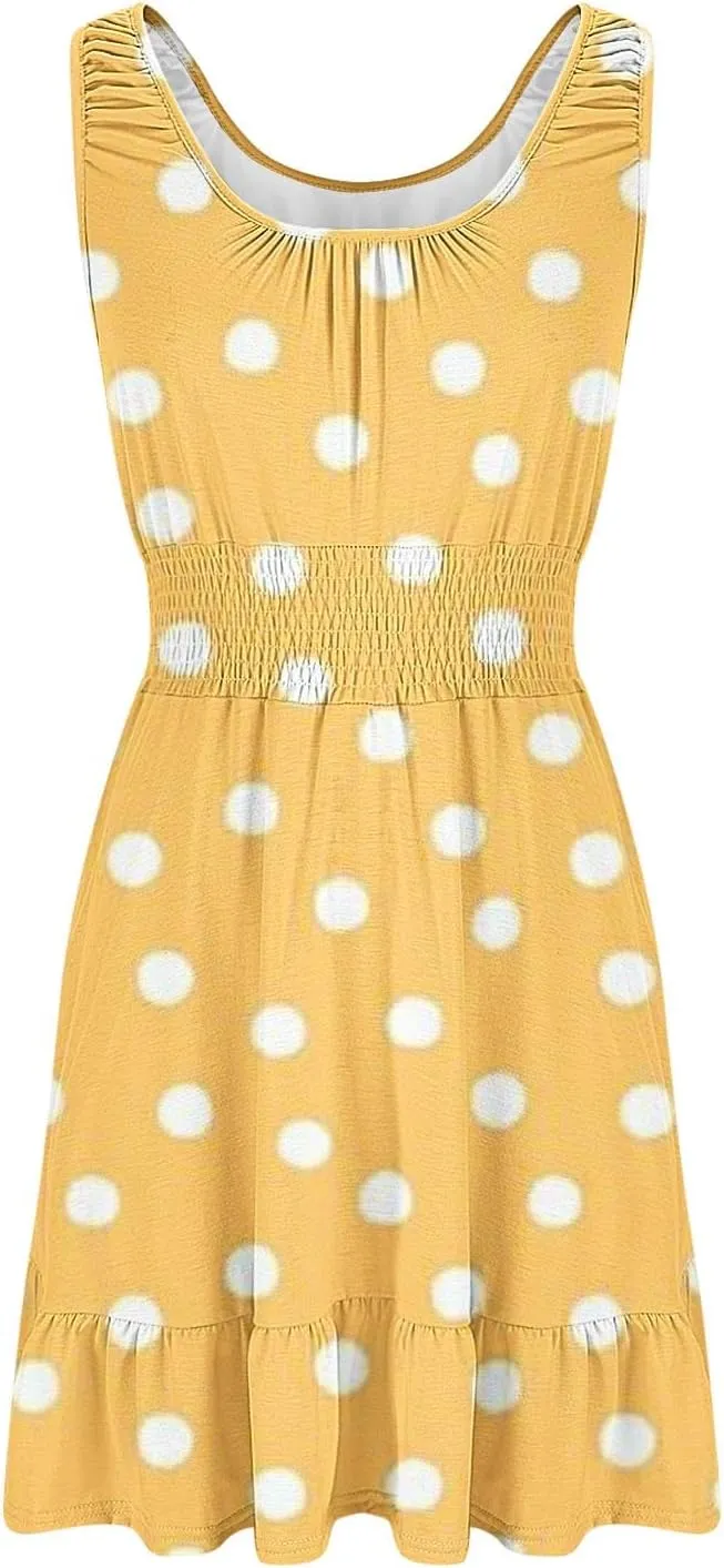 Cute Summer Dresses for Women Pleated Flowy Empire Waist Sundress Sleeveless Round Neck Hot Shot Mini Dress