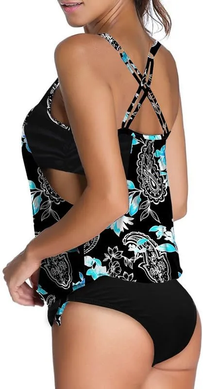 Dokotoo Womens 2024 Fashion Stripes Print Lined Up Double Up Tankini Sets Swimsuits Bathing Suit Swimwear (S-3XL)
