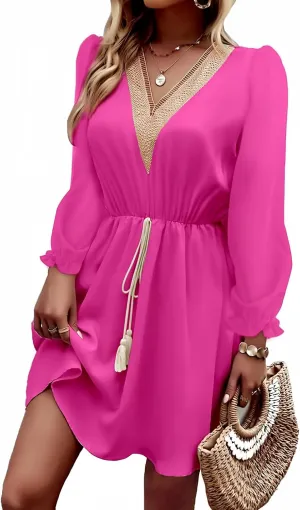 Dokotoo Womens V Neck Dresses Lantern Long Sleeve Lace Trim Midi Dress Tassel Belt Shirt Dress