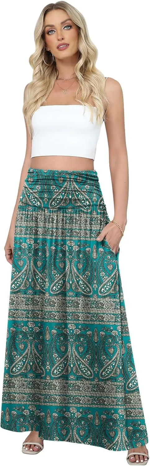 DouBCQ Maxi Skirts for Women High Waisted Long Skirts with Pockets Ankle Length Casual Skirt