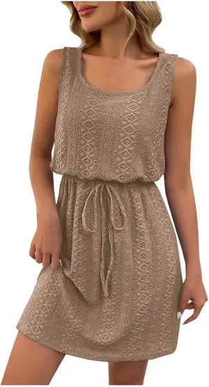 Dresses for Women 2025 Beach Drawstring Waist Eyelet Solid Sleeveless Dress Hollow Out Square Neck A Line Sundress