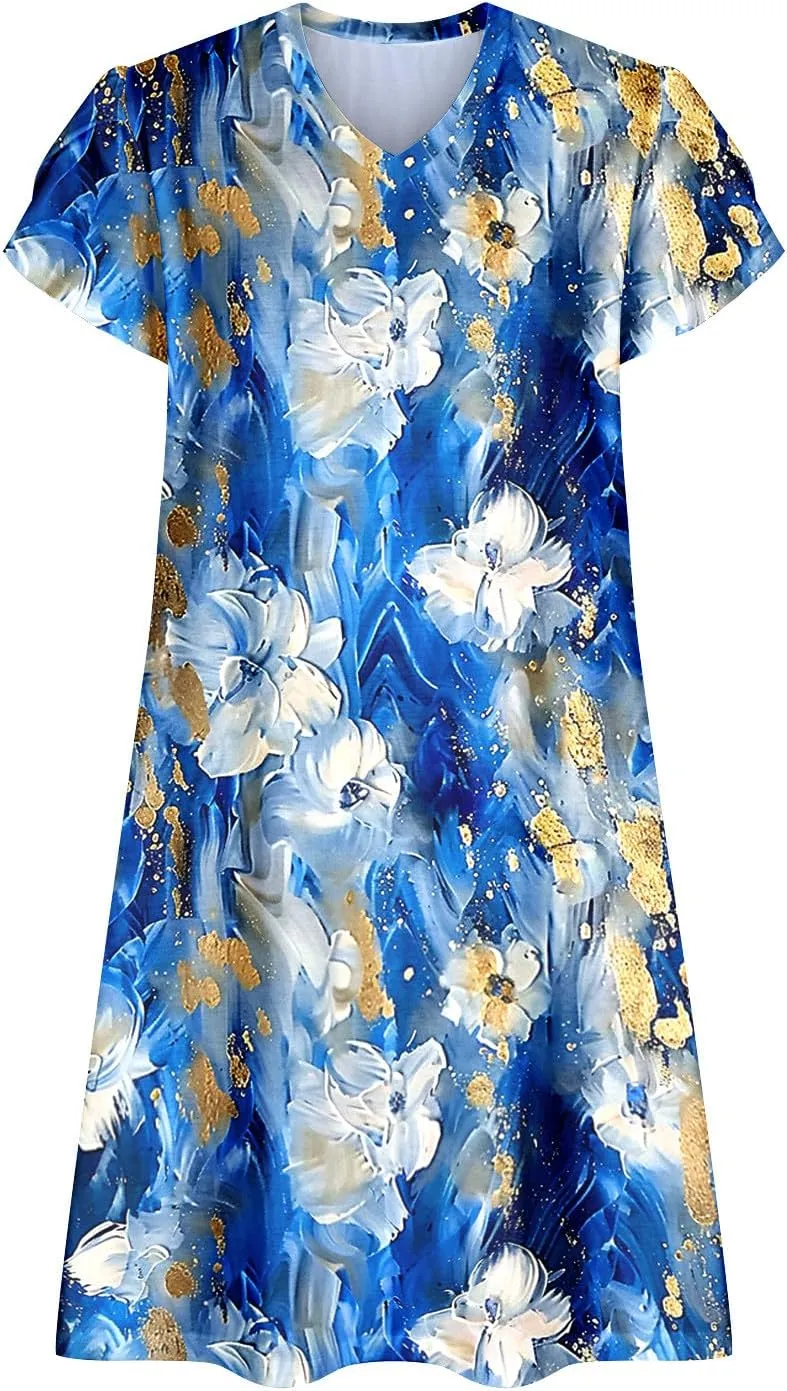 Dresses for Women 2025 Boho Vacation Beach Dress V Neck A Line Dress Loose Flowy Petal Sleeve Midi Dress with Pockets